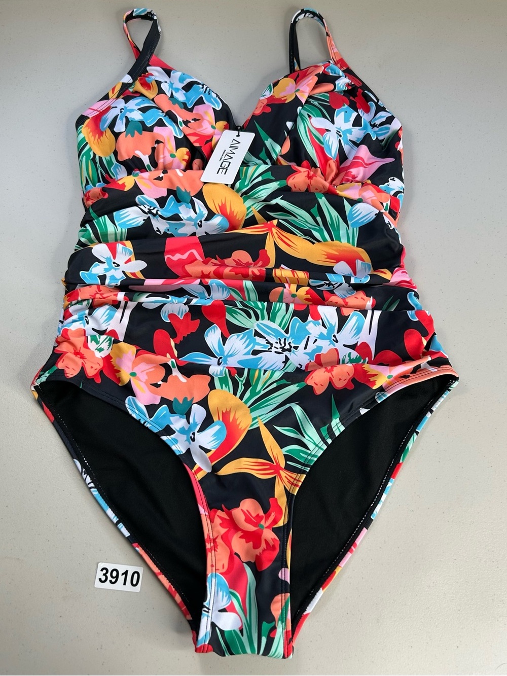 AIMAGE Womens One Piece Swimsuit Tummy Control Black Floral Size Medium
